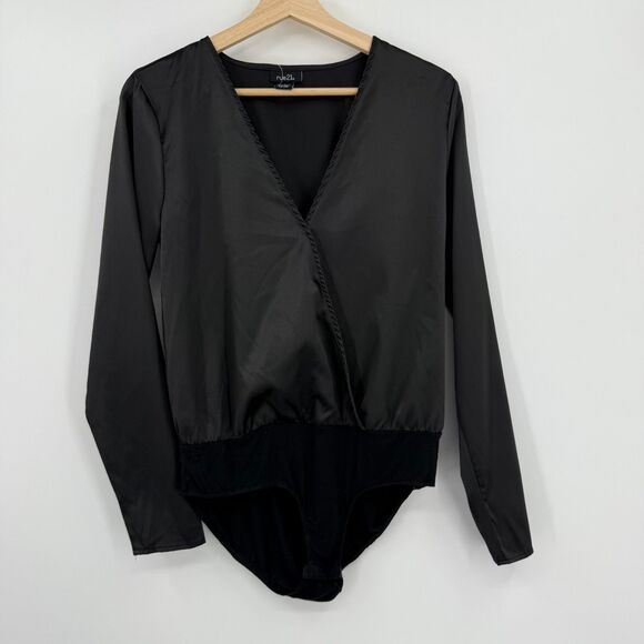 Bodysuit Womens Small Cross Wrap blouse black rayon blend v neck top Rue 21 - Picture 4 of 7